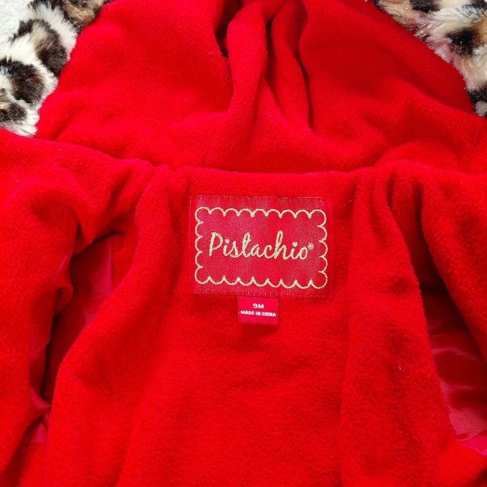 Pistachio Red Jacket Winter Coat with Leopard Faux Fur Trim Baby Girl 9M